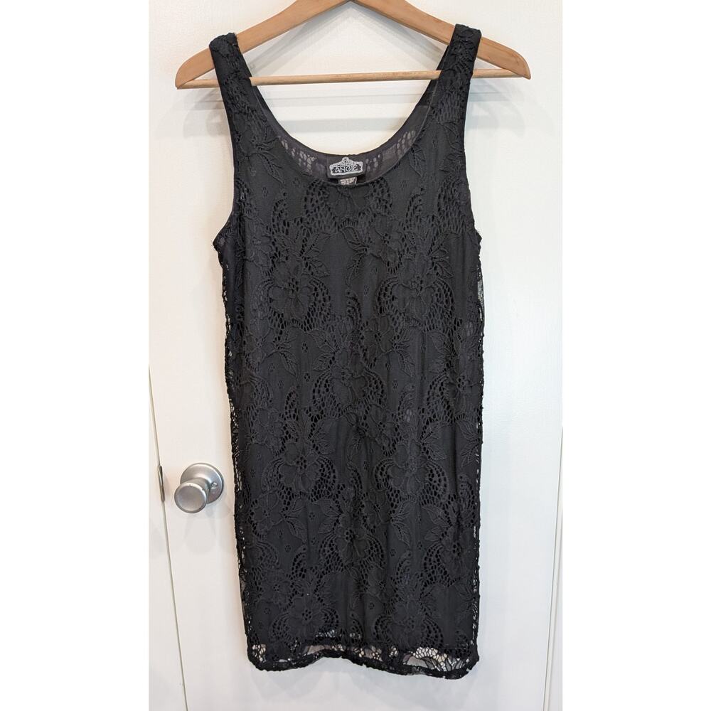 ANGIE Black Floral Lace Overlay Lined Sleeveless Shift Dress Large LBD Vacay - Picture 2 of 8